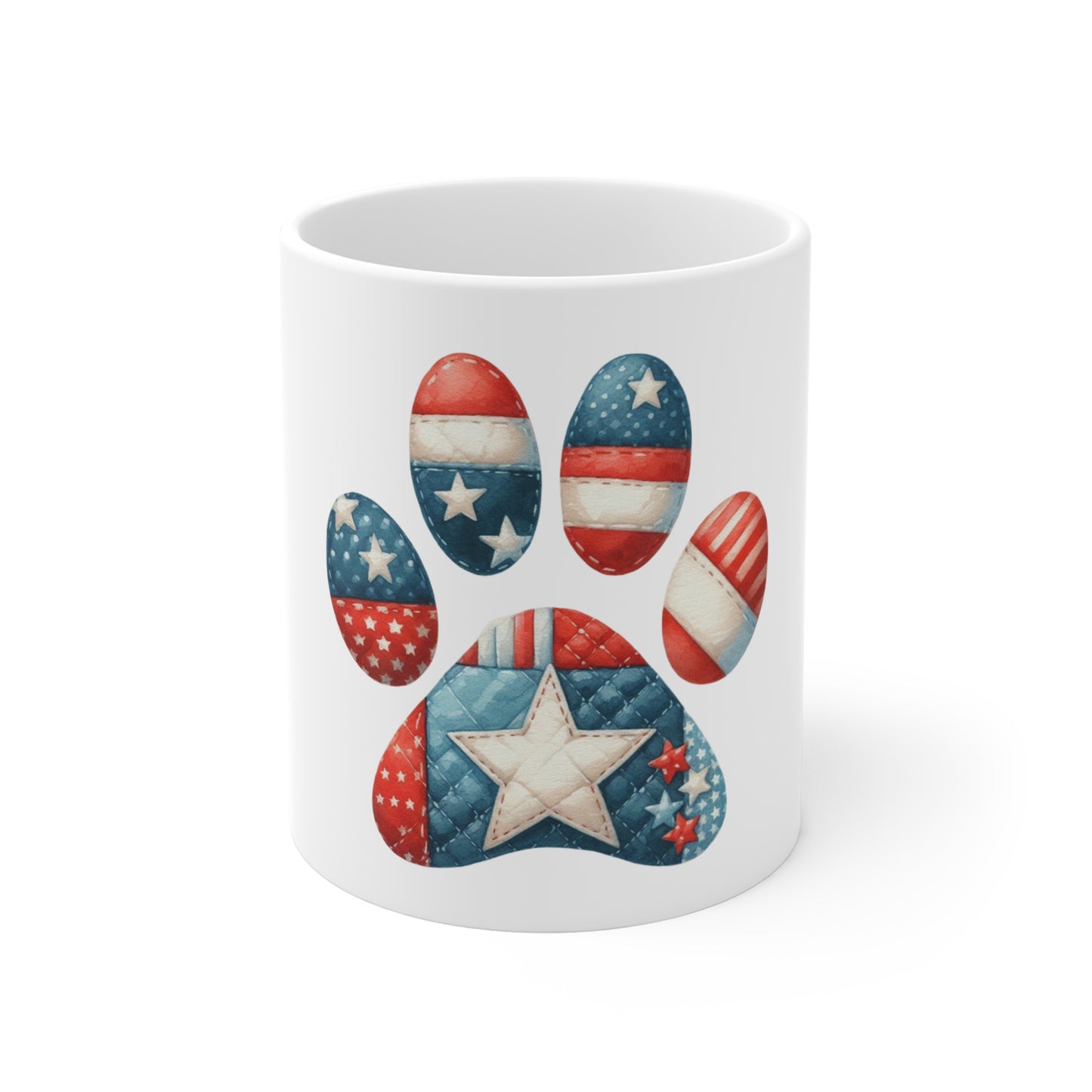 Patriotic Star Patch Dog Paw Coffee Mug – Americana Quilt Paw Print Mug – Red White Blue Dog Lover Mug – USA Pet Gift Cup Patriotic Paw Print Mug – American Flag Dog Lover Coffee Cup (11oz)