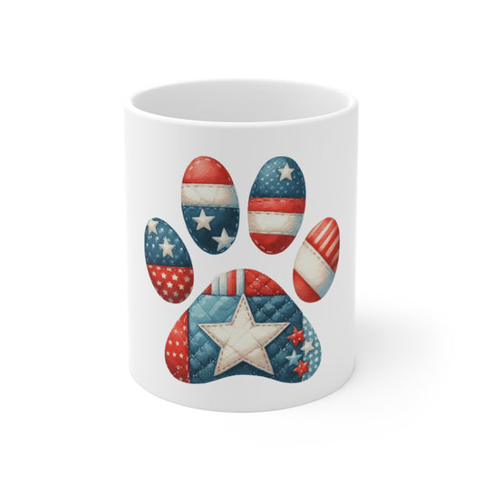 Patriotic Star Patch Dog Paw Coffee Mug – Americana Quilt Paw Print Mug – Red White Blue Dog Lover Mug – USA Pet Gift Cup Patriotic Paw Print Mug – American Flag Dog Lover Coffee Cup (11oz)