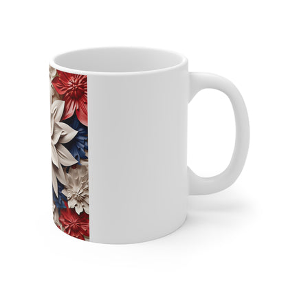 Patriotic 3D White Flower Coffee Mug – Red Blue Sculpted Floral Mug – Elegant Layered Botanical Cup – Premium Americana Mug Patriotic Red White Blue Floral Mug – 11oz Decorative Flower Coffee Cup...