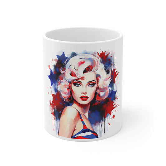 Patriotic Watercolor Pin Up Mug – Bold Americana Portrait Coffee Mug – Red White Blue Abstract Art Cup – Vintage Style USA Mug – Gift for Her Patriotic Pin-Up Mug — 11oz Retro American Flag Art Coffee...