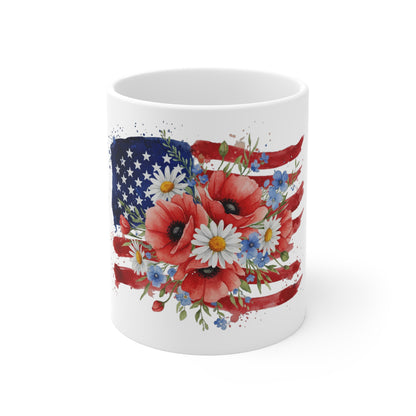 Patriotic Floral Flag Mug — American Flag with Poppies & Daisies 11oz
