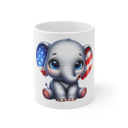 Cute Patriotic Elephant Coffee Mug – Red White Blue Elephant Mug – Kawaii Animal Americana Cup – Adorable USA Gift Mug 11oz