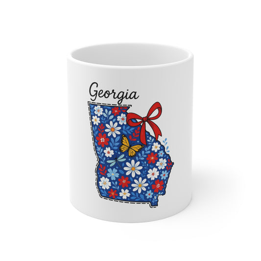 Georgia Floral State Mug – 11oz Coffee Cup with Daisy & Butterfly Design
