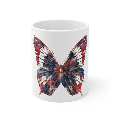 Patriotic Brushstroke Butterfly Mug – Red White Blue Bold Stroke Butterfly Coffee Mug – Dynamic Americana Art Cup – USA Gift Mug Mug 11oz