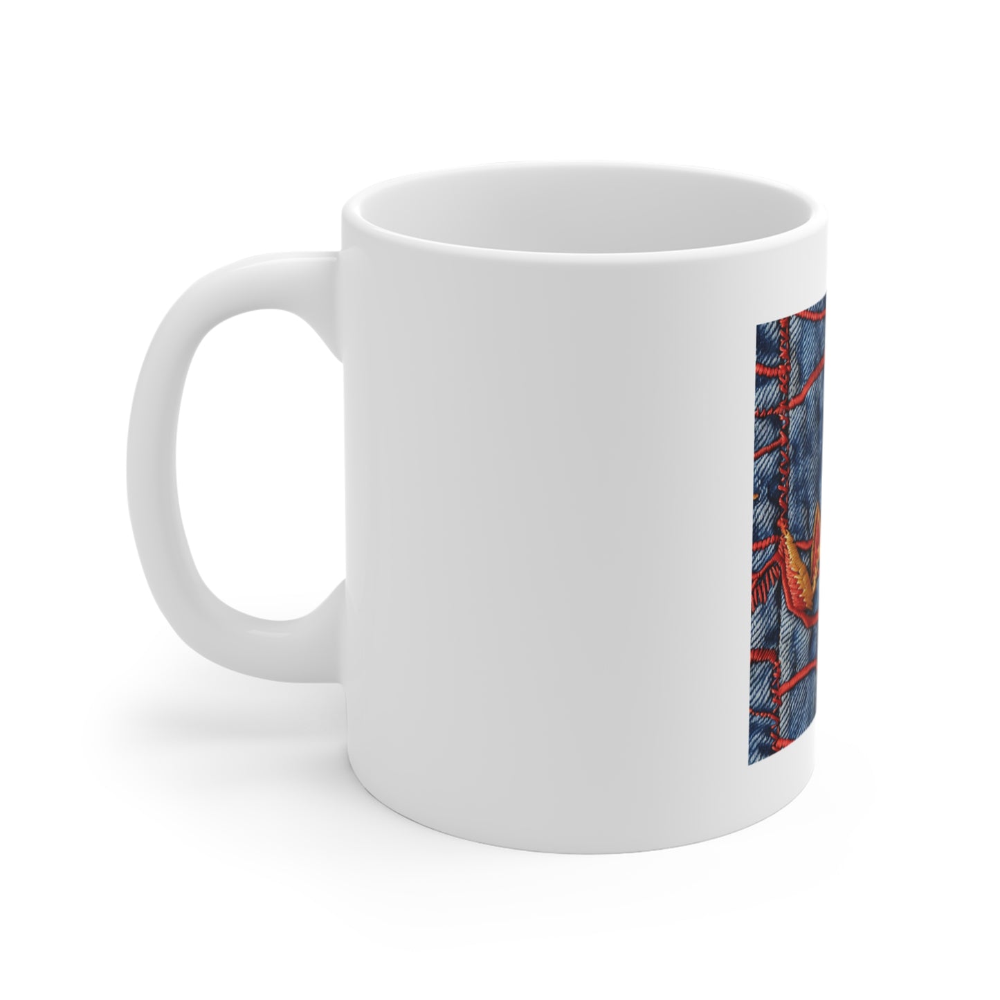 American Flag Denim Embroidery Coffee Mug – Stitched Patriotic Mug – USA Threadwork Flag Cup – Premium Americana Gift – Rustic Art MugDenim Patchwork Mug — Embroidered Star & Flame Jean Print 11oz...