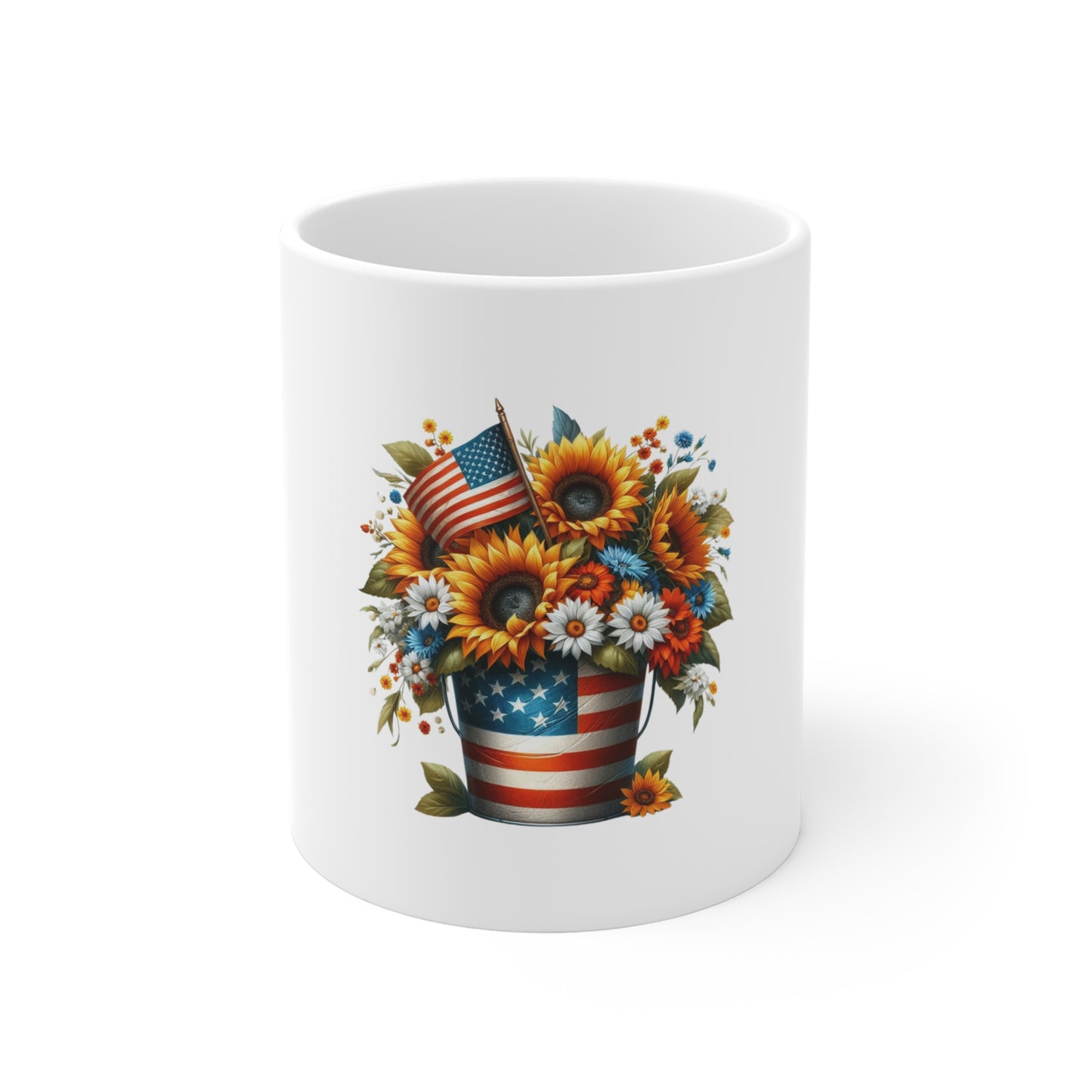 Patriotic Sunflower Bouquet Mug — 11oz American Flag Floral Coffee Cup (Fourth of July)