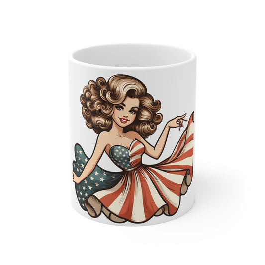 Patriotic Pin-Up Art Mug – Vintage Americana Woman Coffee Mug – Retro USA Flag Dress Cup – Classic American Beauty Mug – Fourth of July Gift Patriotic Pin-Up Mug — American Flag Retro Girl 11oz...
