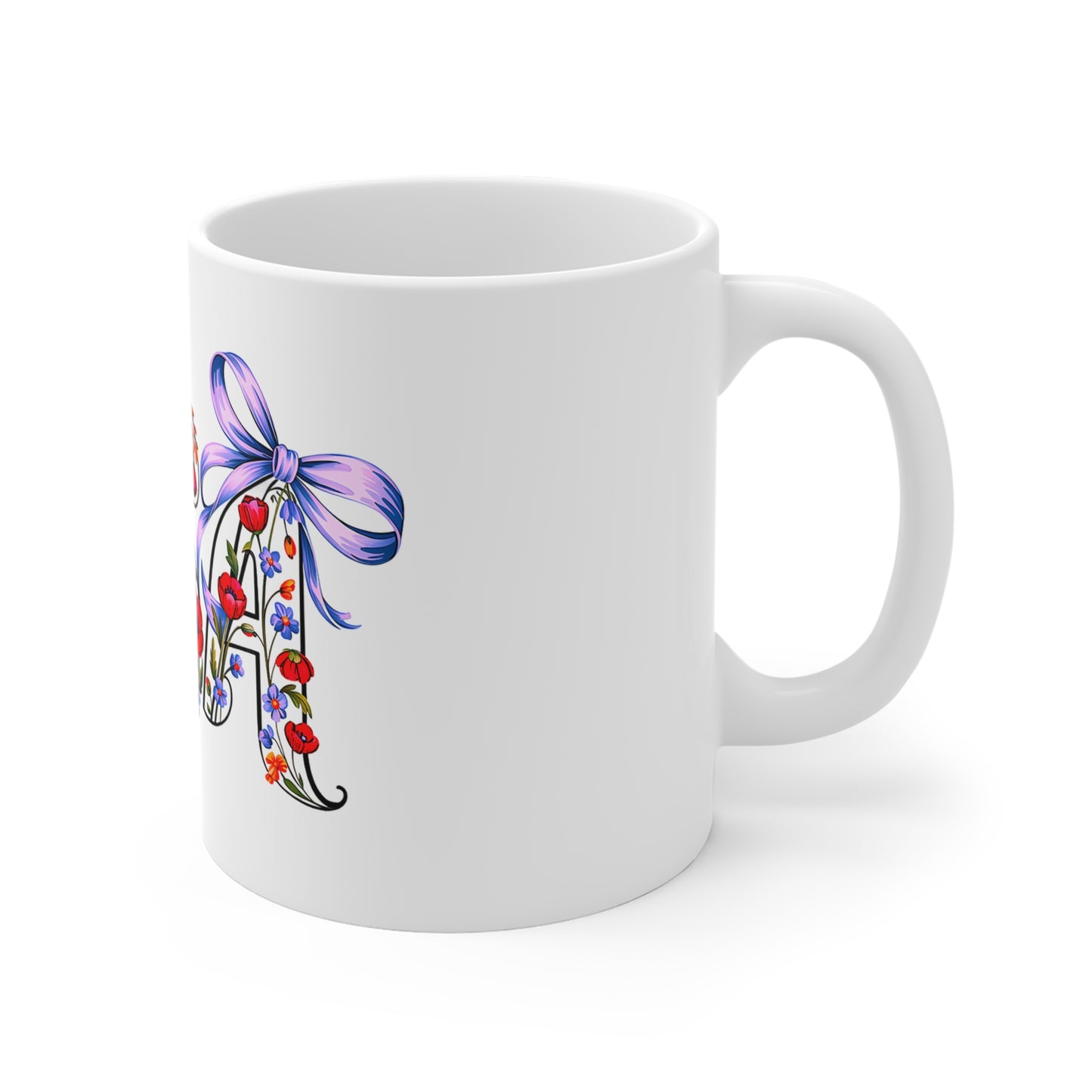 Floral USA 11oz Ceramic Mug — Patriotic Red Poppy & Ribbon Coffee Cup
