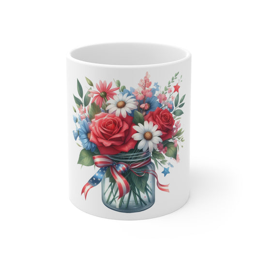 Patriotic Rose & Daisy Mason Jar Coffee Mug – Red White Blue Floral Bouquet Mug – Americana Ribbon Flower Cup – Romantic Patriotic Gift Mug Patriotic Floral Mason Jar Mug — 11oz Red Rose & Daisy...
