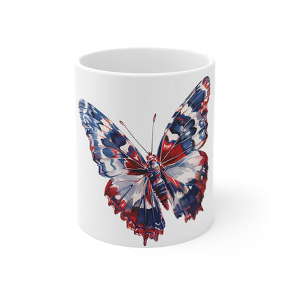 Patriotic Abstract Butterfly Mug – Red White Blue Fluid Butterfly Coffee Mug – Modern Americana Art Cup – Unique USA Gift Mug Mug 11oz