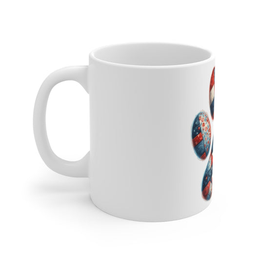 Patriotic Mosaic Dog Paw Coffee Mug – Americana Quilt Patch Paw Print Mug – Red White Blue Dog Lover Mug – USA Pet Gift Cup Patriotic Quilted Paw 11oz Mug — Red White Blue Dog Lover Gift