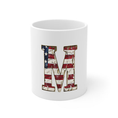 Patriotic Letter M Coffee Mug – American Flag Initial Mug – Rustic USA Monogram Mug – Vintage Americana Alphabet Gift Mug 11oz