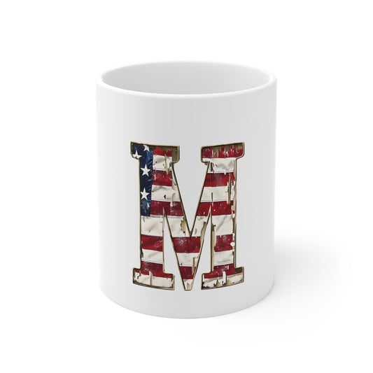 Patriotic Letter M Coffee Mug – American Flag Initial Mug – Rustic USA Monogram Mug – Vintage Americana Alphabet Gift Mug 11oz