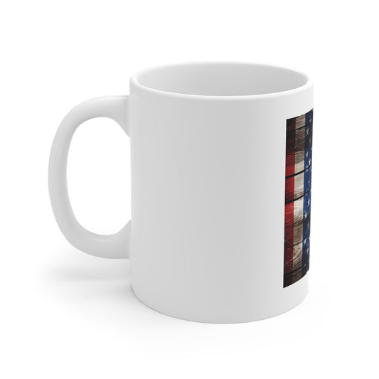 Patchwork American Flag Wood Coffee Mug – Rustic Mosaic USA Flag Mug – Barnwood Patch Flag Cup – Distressed Americana Gift American Flag Rustic Wood 11oz Mug – Patriotic Stars & Stripes Coffee Cup...