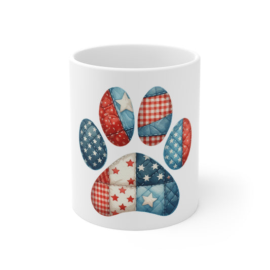 Patriotic Patchwork Dog Paw Coffee Mug – Red White Blue Gingham Paw Print Mug – Americana Quilt Dog Lover Mug – USA Gift Cup Patriotic Paw Print Mug – 11oz American Flag Dog Lover Coffee Cup