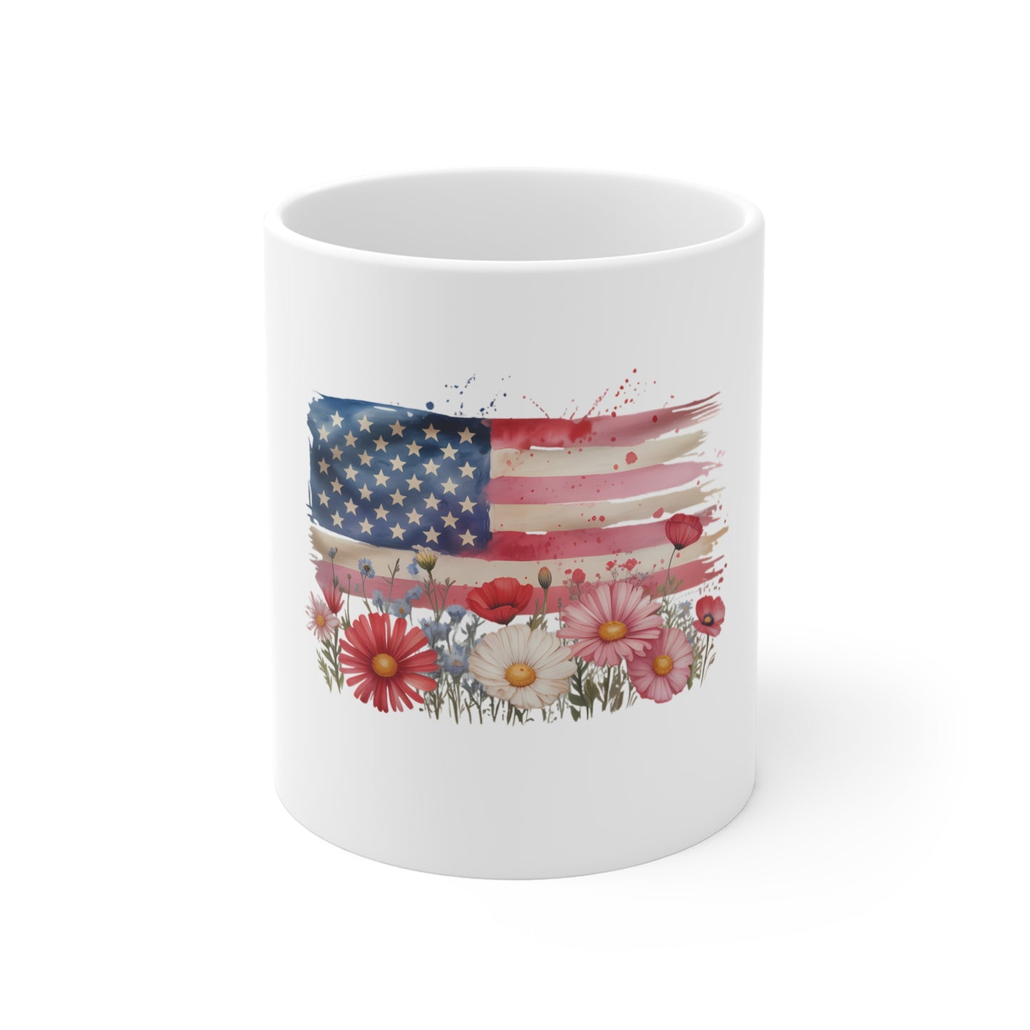 American Flag Floral Mug - Patriotic 11oz Coffee Cup