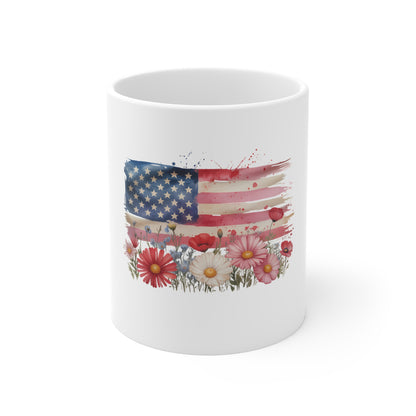 American Flag Floral Mug - Patriotic 11oz Coffee Cup