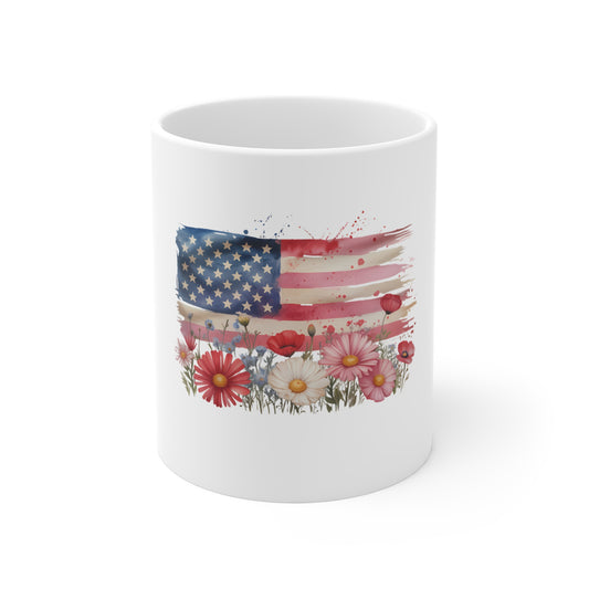 American Flag Floral Mug - Patriotic 11oz Coffee Cup