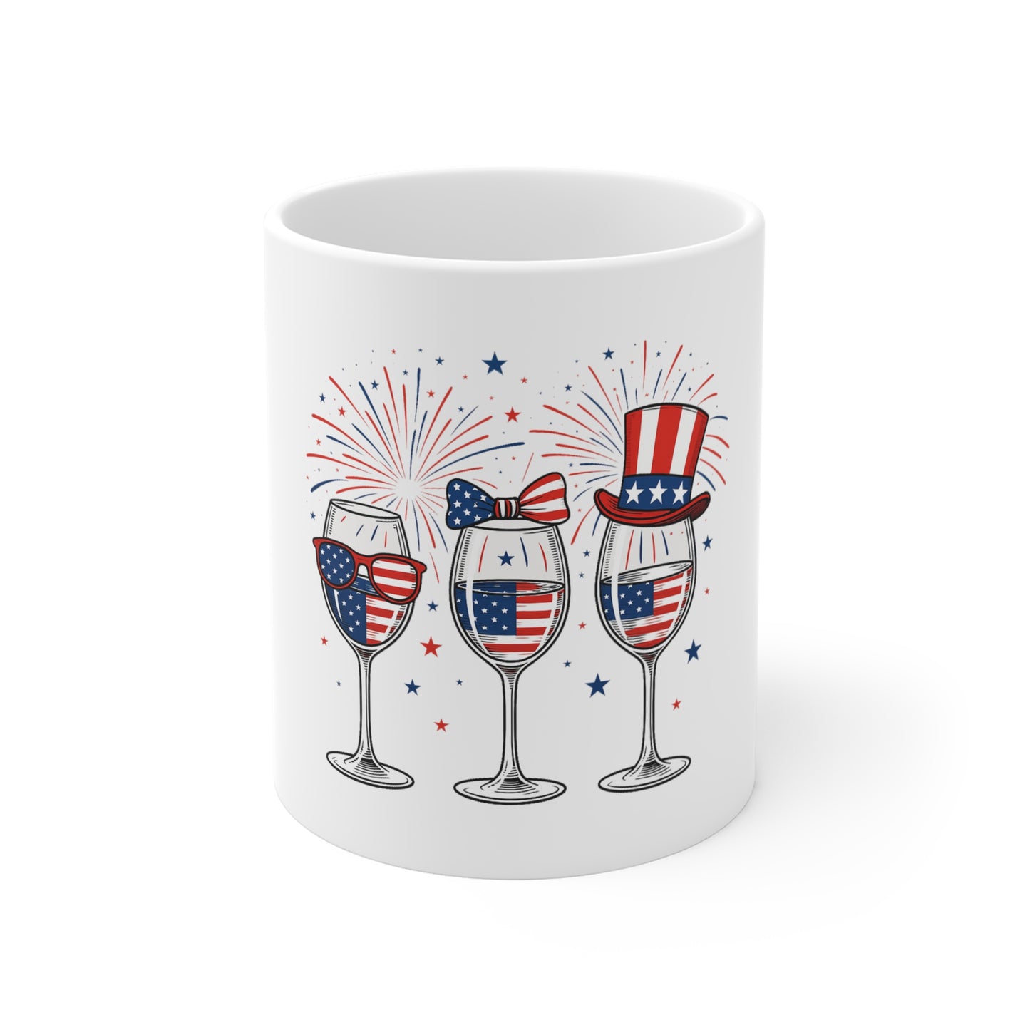 4th of July Wine Glass Mug — Patriotic American Flag Design, Fireworks Coffee Cup