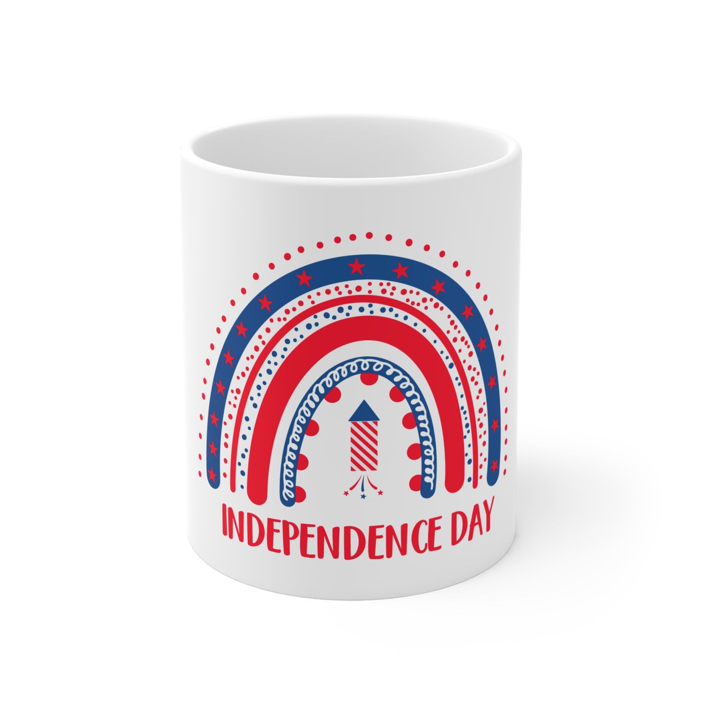 Independence Day Coffee Mug – Patriotic Firework Rainbow Design – Red White Blue USA Mug – 4th of July Celebration Cup Mug 11oz
