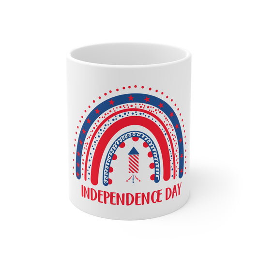 Independence Day Coffee Mug – Patriotic Firework Rainbow Design – Red White Blue USA Mug – 4th of July Celebration Cup Mug 11oz