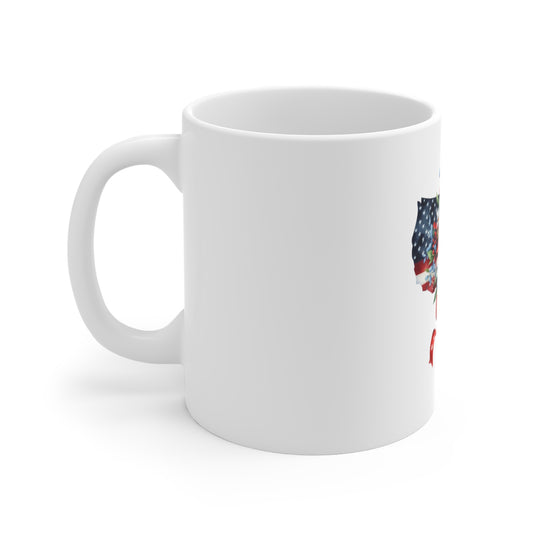 Patriotic USA Floral Bouquet Mug — American Flag Map with Red, White & Blue Flowers (11 oz)