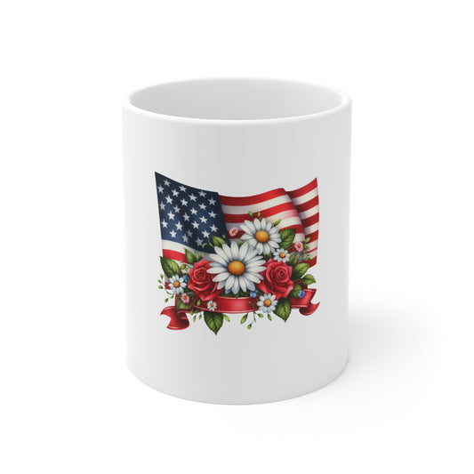 Patriotic Floral Mug — American Flag with Daisies & Roses 11oz