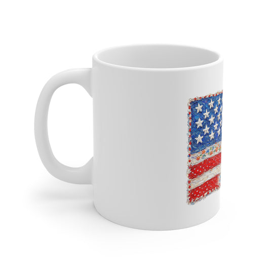 Patriotic Patchwork USA Flag Mug — Quilted Americana 11oz Coffee Cup