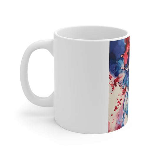 Patriotic Floral Splash Coffee Mug – Red Blue Watercolor Flower Mug – Modern Americana Bloom Cup – Artistic Gift Mug Floral Watercolor Mug 11oz — Red & Blue Bloom Coffee Cup