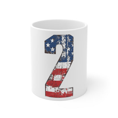 Distressed American Flag Number 2 Coffee Mug – Vintage Patriotic Number Mug – Rustic USA Flag Art Cup – Americana Style Gift Mug 11oz