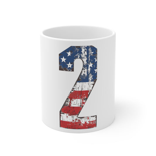 Distressed American Flag Number 2 Coffee Mug – Vintage Patriotic Number Mug – Rustic USA Flag Art Cup – Americana Style Gift Mug 11oz