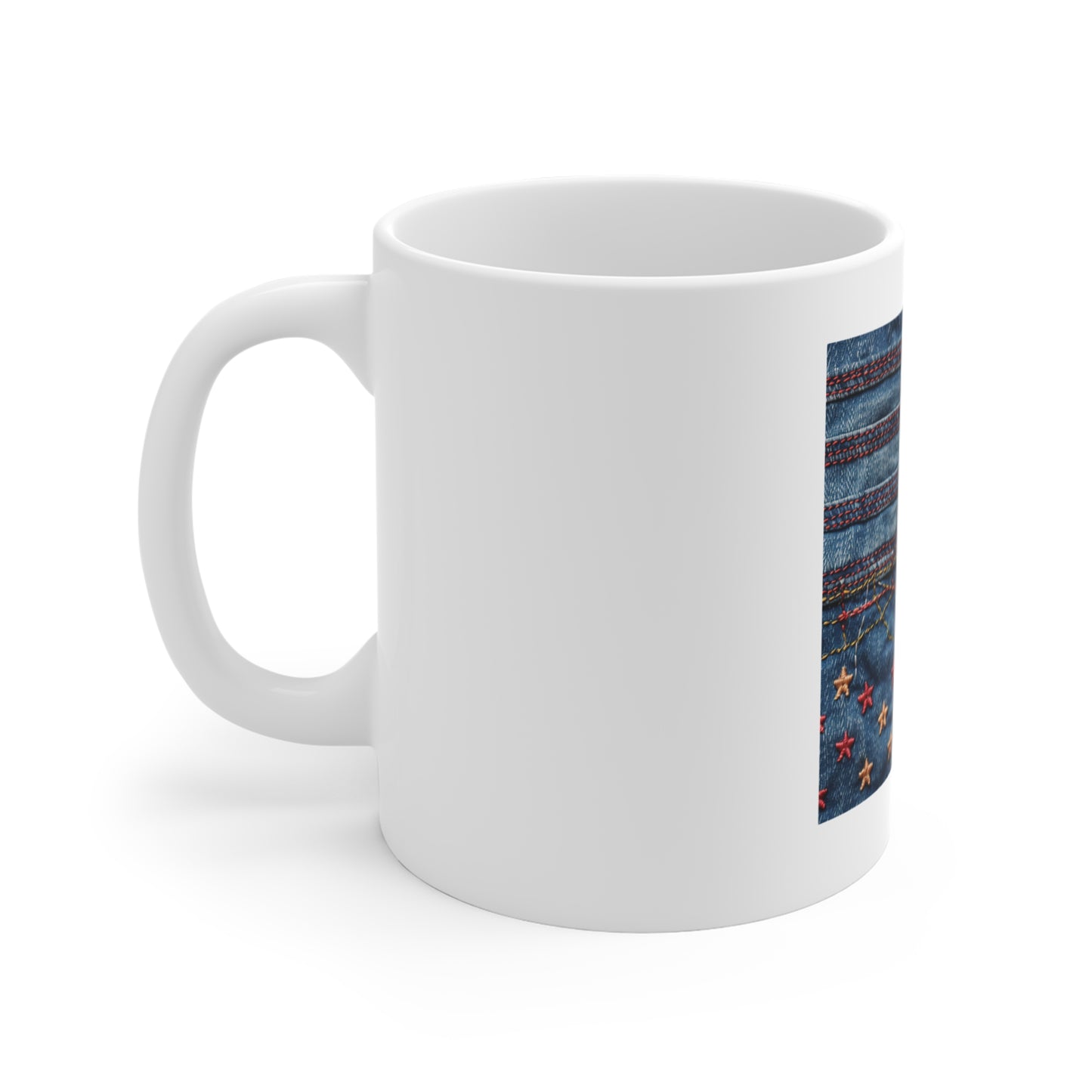 Denim American Flag Coffee Mug – Embroidered Star & Red Stitch Patriotic Mug – Rugged Jeans Texture USA Cup – Americana Style GiftDenim Stars 11oz Coffee Mug — Patchwork Jeans Pattern