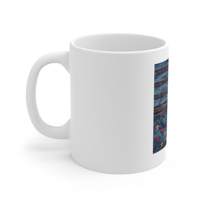 Denim American Flag Coffee Mug – Embroidered Star & Red Stitch Patriotic Mug – Rugged Jeans Texture USA Cup – Americana Style GiftDenim Stars 11oz Coffee Mug — Patchwork Jeans Pattern