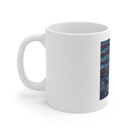 Denim American Flag Coffee Mug – Embroidered Star & Red Stitch Patriotic Mug – Rugged Jeans Texture USA Cup – Americana Style GiftDenim Stars 11oz Coffee Mug — Patchwork Jeans Pattern