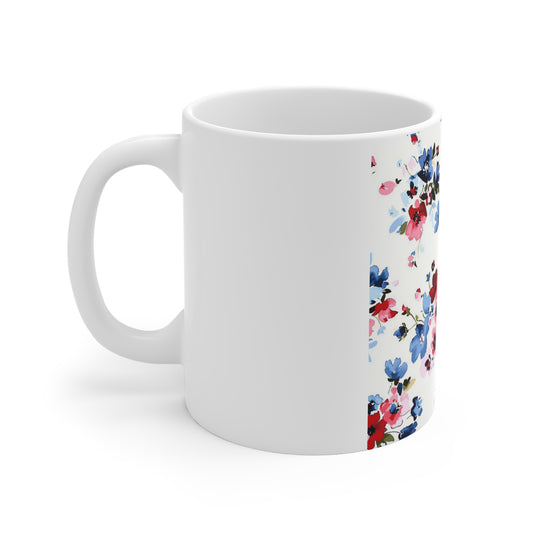 Watercolor Patriotic Floral Coffee Mug – Red White Blue Blossom Mug – Soft Americana Garden Cup – Vintage Cottage Floral Mug Floral Tea Mug 11oz — Red & Blue Watercolor Blossoms