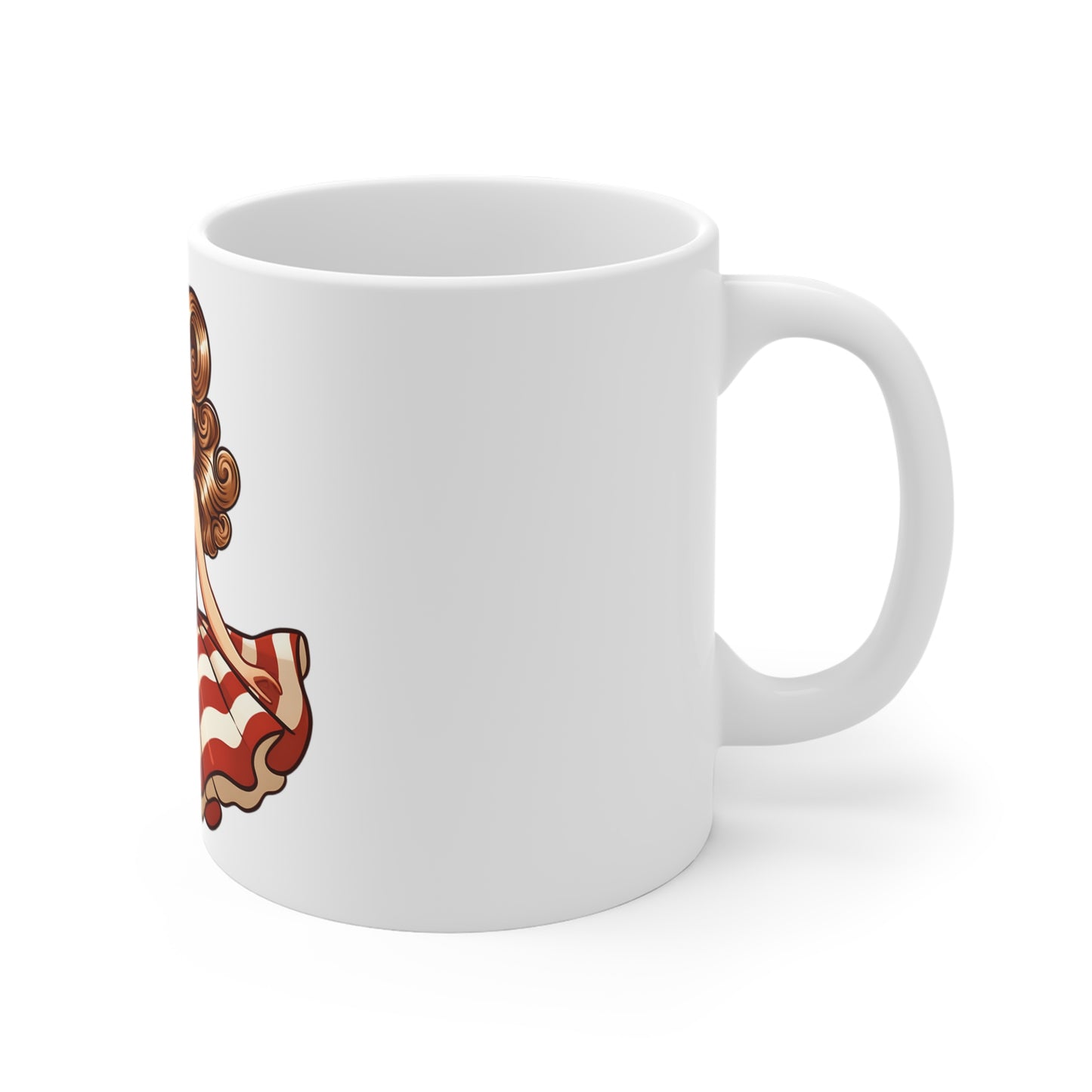 Americana Pin-Up Flag Girl Coffee Mug – Vintage Patriotic Woman Mug – Retro USA Dress Cup – Red White Blue Pinup Gift Mug 11oz
