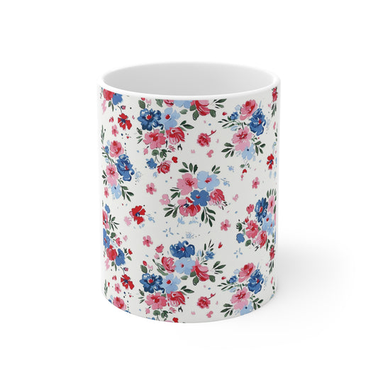 Patriotic Watercolor Floral Coffee Mug – Red White Blue Bouquet Mug – Soft Americana Flower Cup – Elegant Garden Mug Floral Cottagecore 11oz Ceramic Mug — Pink & Blue Vintage Wildflower Pattern...