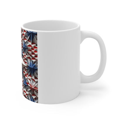 3D Patriotic Starburst Coffee Mug – Red White Blue Layered Stars Mug – Bold Americana Geometric Mug – Modern USA Star Design 11oz