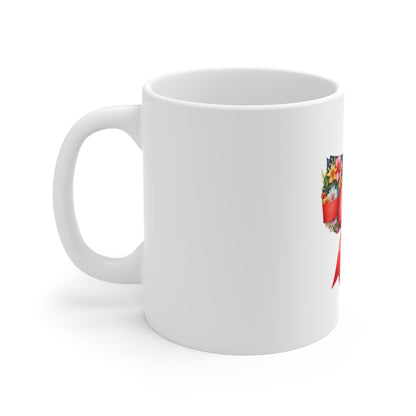 Patriotic Floral USA Mug with Red Bow – 11oz Americana Coffee Cup