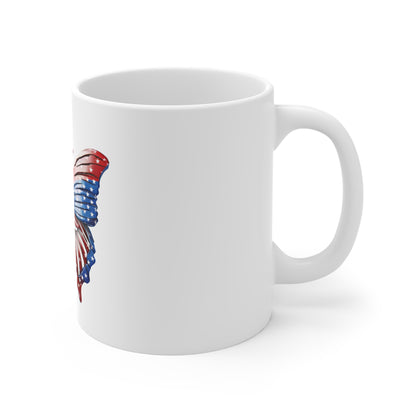 Glossy American Flag Butterfly Mug – Elegant Patriotic Butterfly Coffee Mug – Red White Blue Shine Finish – Premium USA Gift Patriotic Butterfly Mug – American Flag 11oz Coffee Cup