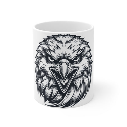 Bald Eagle Face Coffee Mug – Intense Eagle Front View Mug – Bold American Pride Cup – Symmetrical Eagle Graphic Mug 11oz