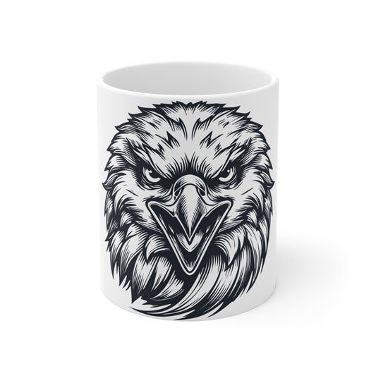 Bald Eagle Face Coffee Mug – Intense Eagle Front View Mug – Bold American Pride Cup – Symmetrical Eagle Graphic Mug 11oz