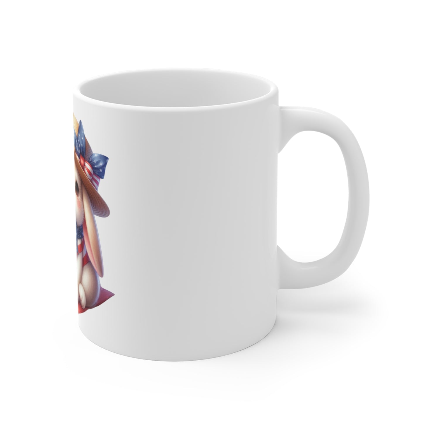 Cute Patriotic Bunny Coffee Mug – Americana Picnic Rabbit Mug – Red White Blue Floral Basket Cup – Adorable USA Gift Mug 11oz