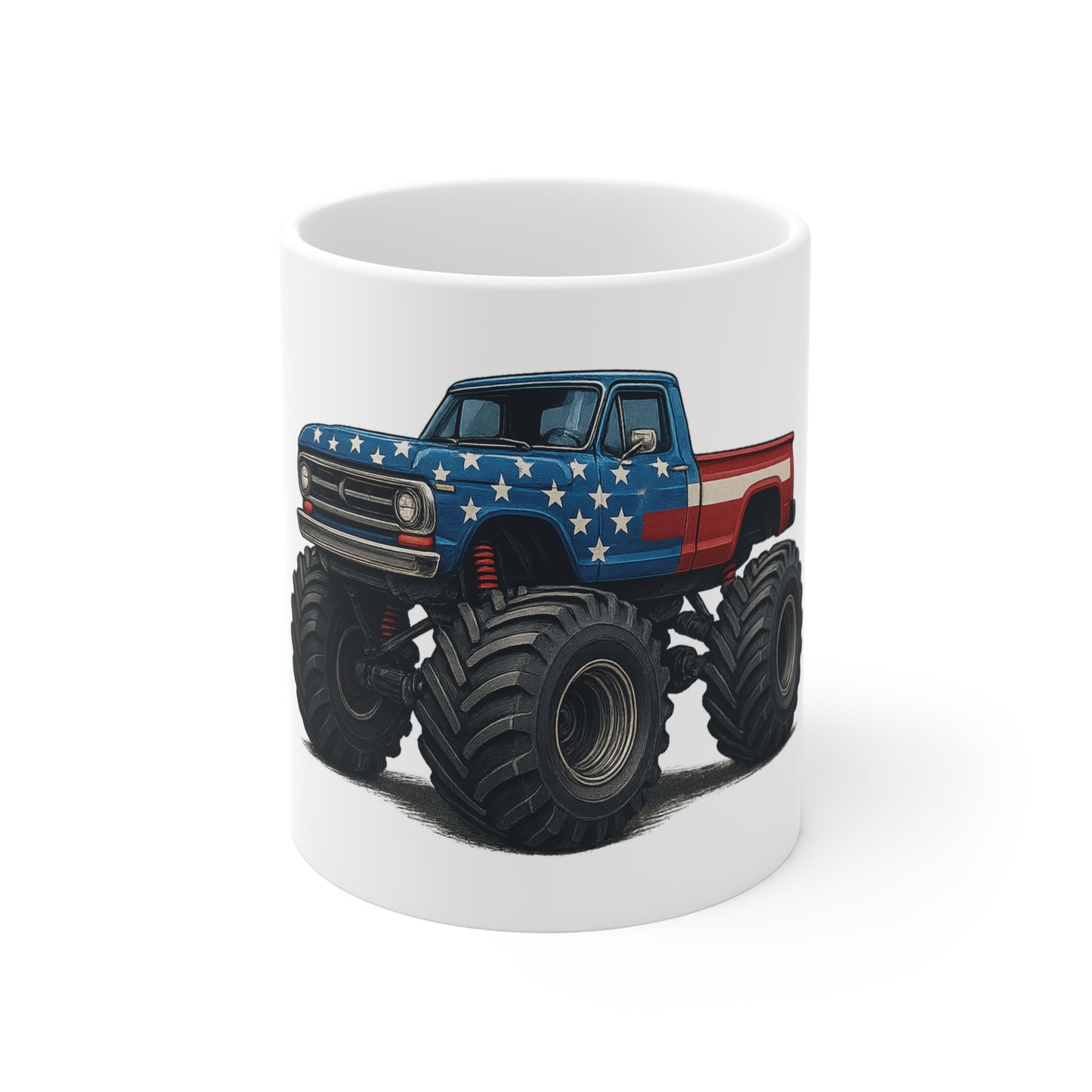 Patriotic Monster Truck Sunset Coffee Mug – American Flag Off-Road Truck Mug – Independence Day Adventure Cup – Bold Americana Gift Mug 11oz