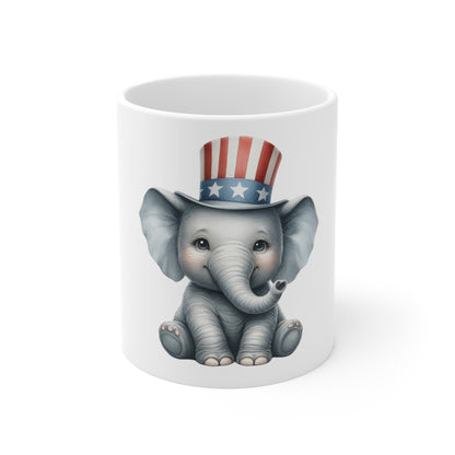 Cute Patriotic Elephant Coffee Mug – Uncle Sam Elephant Mug – Minimal Americana Animal Cup – Adorable USA Gift Mug 11oz