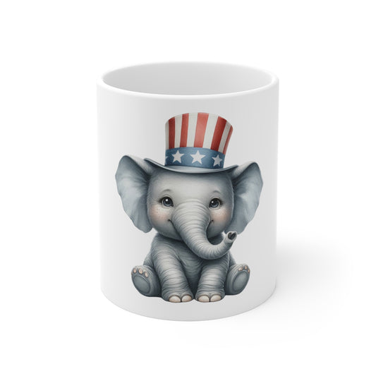 Cute Patriotic Elephant Coffee Mug – Uncle Sam Elephant Mug – Minimal Americana Animal Cup – Adorable USA Gift Mug 11oz