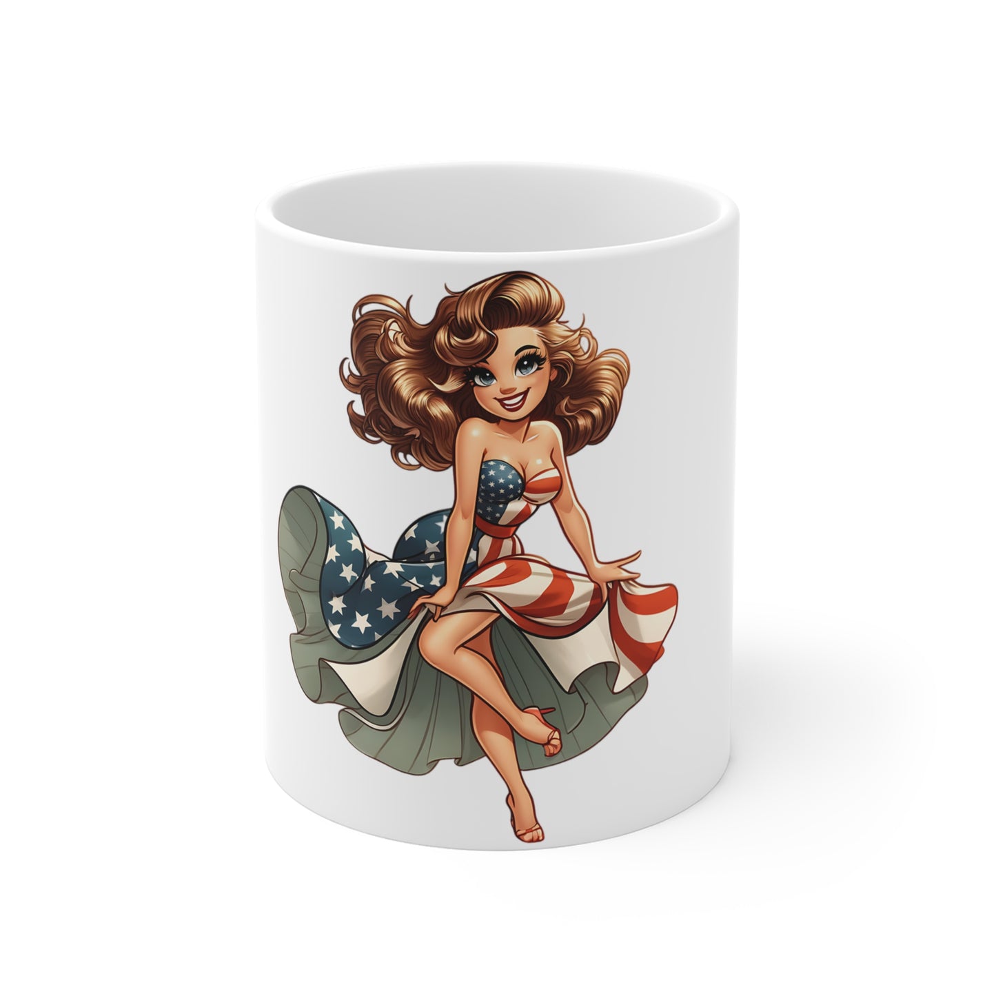 Patriotic Pin-Up Girl Coffee Mug – Vintage Americana Woman Mug – Retro USA Flag Dress Cup – Classic American Beauty Art Mug – Gift for Her Mug 11oz