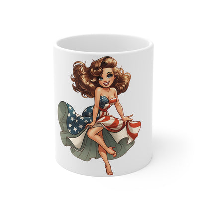 Patriotic Pin-Up Girl Coffee Mug – Vintage Americana Woman Mug – Retro USA Flag Dress Cup – Classic American Beauty Art Mug – Gift for Her Mug 11oz
