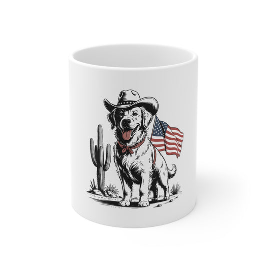 Patriotic Cowboy Dog Mug – 11oz American Flag Western Coffee Cup