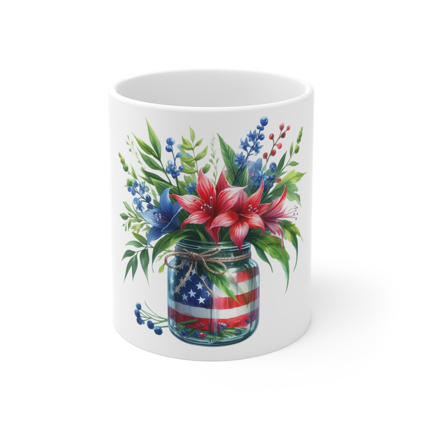 Patriotic Lily Mason Jar Coffee Mug – Red White Blue Lily Floral Mug – Americana Flag Jar Cup – Bold Summer Flower Gift Patriotic Floral Mason Jar Mug – 11oz USA Flag Flower Coffee Cup